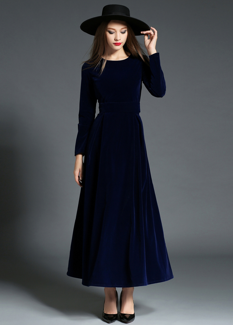 SZ60040-3 Retro Vintage Dark Blue Velvet Dress Women Long Sleeve Collar Dresses